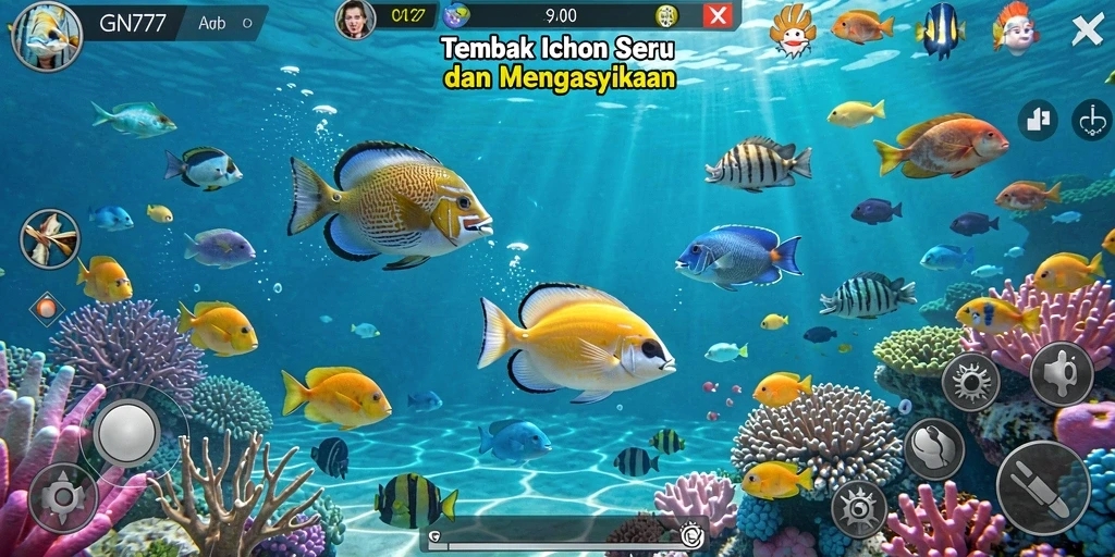 Screenshot menunjukkan pemain menembak berbagai ikan dalam GN777.