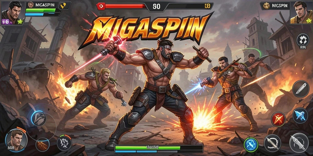Screenshot gameplay MIGASPIN yang menunjukkan aksi pertarungan dinamis.