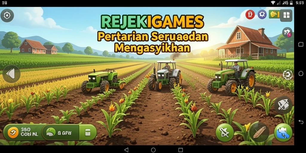 Screenshot utama REJEKIGAMES menampilkan aktivitas bertani yang seru.