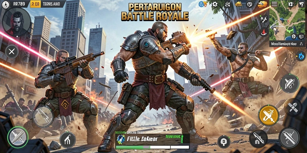 Screenshot RR789 menampilkan intense gameplay Battle Royale dengan aksi seru antar pemain.